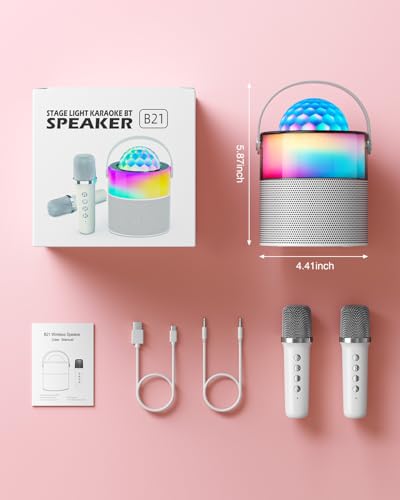 Karaoke Machine with Disco LED Lights, Mini Portable Bluetooth Speaker with 2 Wireless Microphones for Kids Adults, Birthday Gifts for Girls Boys Family Parties Travel (White) - color: White