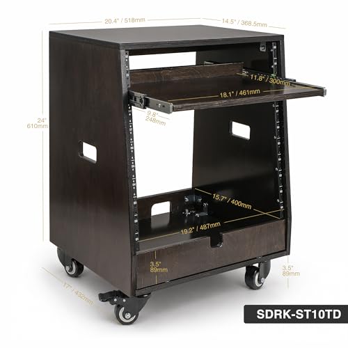 Sound Town DIY Slanted 10U Studio Rack (2U Top + 8U Lower) with 2U Bottom Storage, Slide-Out Tray, Casters, for Home Studio and Recording Room, Birch Plywood, Black Espresso (SDRK-ST10TD) - size: 10u(2u Top + 8u Lower),Black Espresso