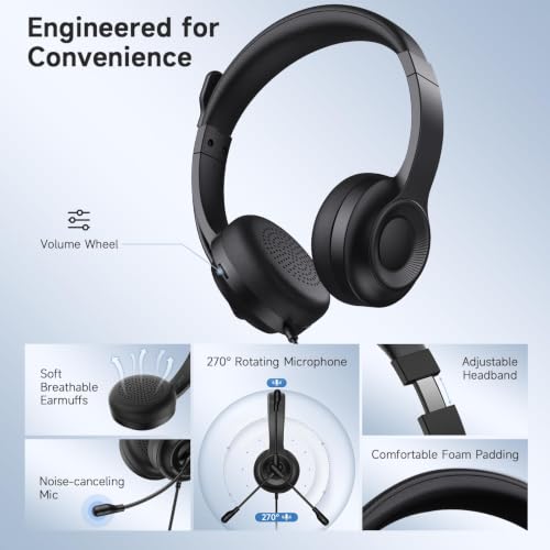 AOC USB Headset with Microphone for PC, On-Ear Wired Headphones with Mic | with Noise-Cancelling, 40mm Audio Drivers, USB-A Computer Headset for Office, Teams, Call Centers & Online Meetings (Black)