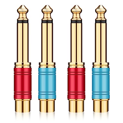 RCA to 1/4 Adapter 4 Pack, 24K Gold Plated 1/4 inch to RCA Female Mono Audio Connecto(Blue*2+Red*2)