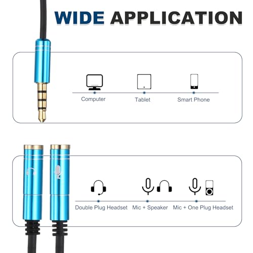 MECCANIXITY Audio Cable Splitter, 3.5mm Male to Dual 3.5mm Female Y Splitter Microphone and Audio Jack Adapter for PC Laptop Smartphone, 1ft, Blue - color: Blue