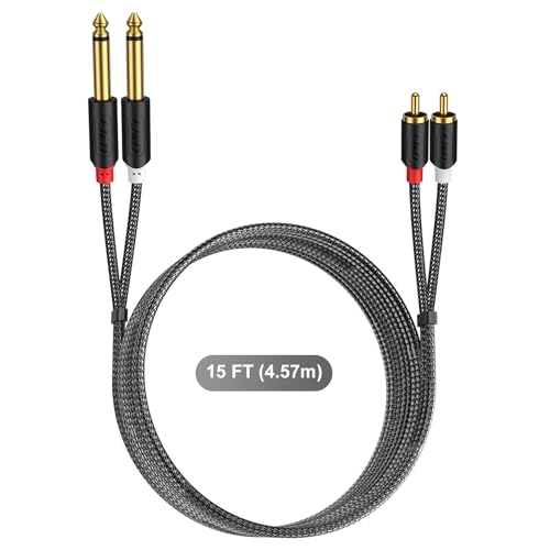 J&D RCA to 1/4" Stereo Audio Interconnect Cable, 15 Feet | Dual 1/4 inch TS to 2RCA Cable with Nylon Braided Jacket, Gold-Plated Plugs and Dual Shielding for Mixers, Amps and Hi-Fi - size: 15 Feet