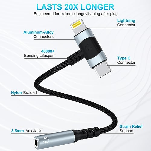Lightning and USB C to 3.5mm Audio Adapter iphone 16 Headphone AdapterUSB-C iphone Aux adapter for Headphone Jack, Aux to USB C and Lightning Earbus Adapter for iPhone 16 15 14 13 ipad,Sanmsung, Pixel