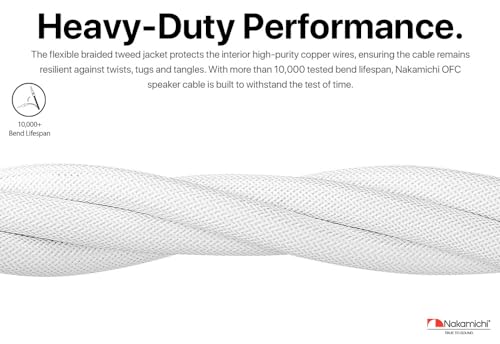 Nakamichi 24k Gold Plated Banana Plugs Speaker Cables 99.9% OFC (6 Feet) | Oxygen-Free Copper, Excel Series, Amplifier Heavy Duty Braided In-Wall CL2 Rated Wires - White (12AWG / 6ft / 1.8m) 2-Pack - color: White, size: 12 AWG (6-Feet)