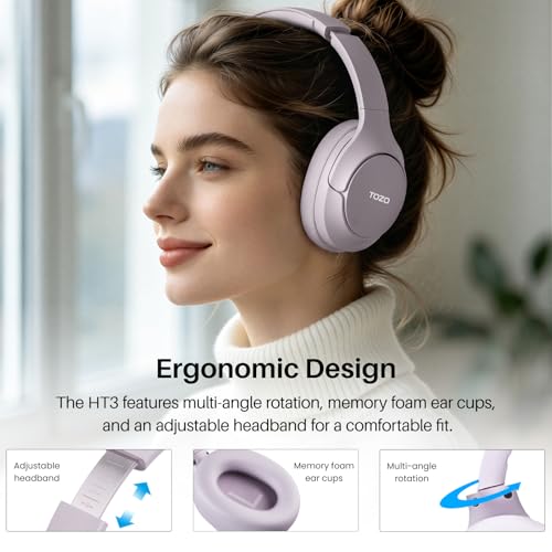 TOZO HT3 Hybrid Noise Cancelling Wireless Headphones, 90H Over Ear Headset | Hi Res Audio, AI Voice Assistant, Dual Device Connection, 32 Custom EQs, Built In 5 Mics, ANC, Foldable, Bluetooth 6.0 - color: Light Purple