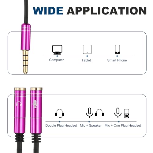 MECCANIXITY Audio Cable Splitter, 3.5mm Male to Dual 3.5mm Female Y Splitter Microphone and Audio Jack Adapter for PC Laptop Smartphone, 1ft, Pink - color: Pink
