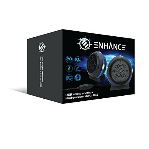 ENHANCE SL2 USB Classroom Speakers — 2.0 Stereo Sound System, 3.5mm Input, in-Line Volume Control, Compact for Desks, Laptops & Chromebooks — Perfect for School Labs & Classrooms (Blue LEDs)
