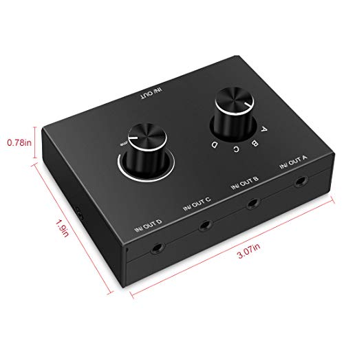 4 Port Audio Switch, 3.5mm Stereo AUX Selector, 4 Input 1 Output / 1 Input 4 Output Splitter, Switcher Box With 4 Channel Switch Knob, No External Power Required