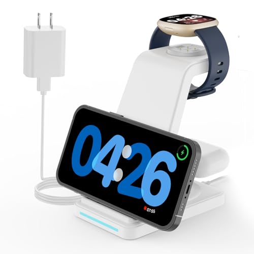 JoyGeek Charging Station for Fitbit Versa 4 3 Sense 2, 3 in 1 Wireless Charger for iPhone 17 16 15 14 & Samsung S25 S24 Ultra, Charging Dock for AirPods Pro Galaxy Buds, Night Light Base