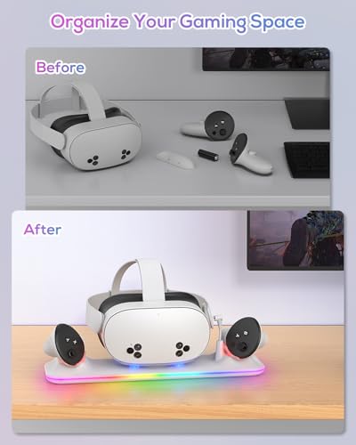 18W VR Charging Dock for Meta Quest 3S/Quest 3 Headset & Controller | Fast Magnetic VR Charging Station Stand for Oculus 3S/3 Accessories, RGB Light, 2 Rechargeable Batteries & Controller Covers - color: White