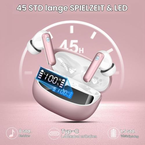 Wireless Earbuds, Bluetooth 5.4 Headphones, in-Ear Earphones with 4 ENC Mics Deep Bass Stereo, 40H Playtime LED Display Mini Charging Case Ear Buds, IP7 Waterproof Wireless Headphones for Android iOS - color: Pink Gold
