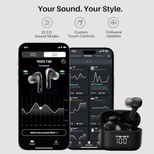 TOZO T20 Wireless Earbuds 97H Playtime, Wireless Charging LED Display Case | 10mm Deep Bass Sound, Dual Mic ENC Clear Calls, IPX8 Waterproof, Bluetooth 5.3, Comfortable Fit Ear Buds For Daily Use, Black - color: Black
