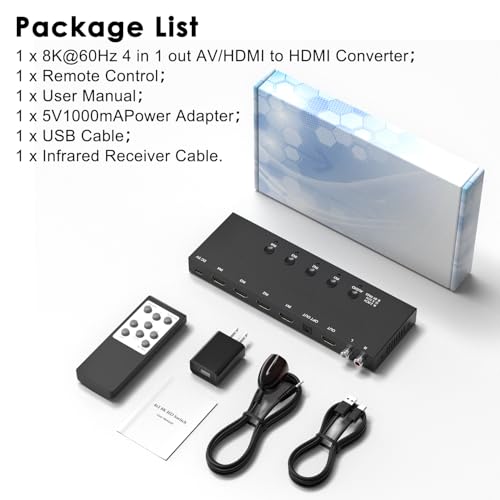 4x1 8K HDMI Switch with Audio Extractor, 8K@60Hz HDMI 2.1 Switcher with Remote, Optical/RCA/3.5mm Audio Output, Supports HDR10, Dolby Vision, HDCP 2.3, Compatible with PS5/Xbox/Apple TV/Soundbar