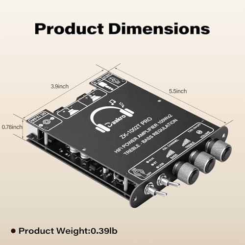 Daakro ZK-1002T PRO 2.0 Channel Bluetooth 5.3 Amplifier Board 200W HiFi Audio AMP with Treble and Bass, TWS,BT USB and AUX Inputs, DC 12-24V 2.0 Channel Stereo AMP Module for DIY Speakers - color: ZK-1002TPRO
