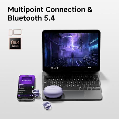 QCY Crossky C30 Open Ear Headphones Wireless Bluetooth, Clip-On Earbuds with 4 ENC Noise Cancelling Mic, Stable Fit, Dual Connection, EQ Customized, Sports Earphones for Workout/Running - color: Purple
