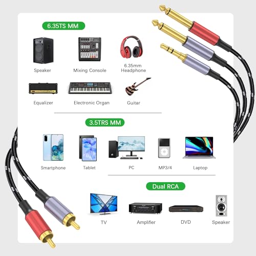 3.5mm to RCA, Dual 1/4 TS to Dual RCA Cable, 2-in-1 Audio Cable, Gold-Plated HiFi Sound Headphone Jack Auxiliary Cord 1/8 Dual 6.35mm Adapter Stereo Y Splitter for Phone Speaker MP3 Tablet HDTV 3.3FT - size: 3.3FT