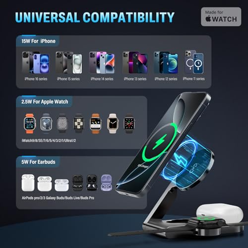 2026 3 in 1 Wireless Charging Station Mag-Safe Fast Charging Station for Apple MagSafe Charger, with USB C Charger, Foldable Charging Magnetic Wireless Charger Stand, Space Aluminum Travel Charger - color: Luxury Grey
