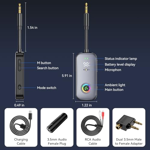 A6 Pro Bluetooth Receiver Transmitter,2-in-1 Wireless Audio Adapter for Airplane/TV/PC/Gym-Dual Link Headphone,Bluetooth Receiver for Car/Home Stereo,Low Latency,Battery Display,Built-in MIC