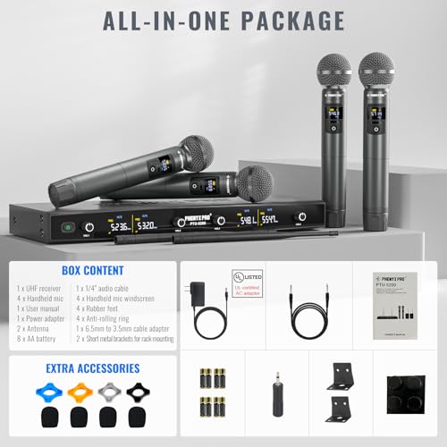 Phenyx Pro 4-Ch UHF Metal Dynamic Wireless Microphone System PTU-5200-4H | 4 Cordless Handheld Mics, 4 x 25 Frequencies, 200 ft Range, Singing, Karaoke, Church Services, DJ Sets