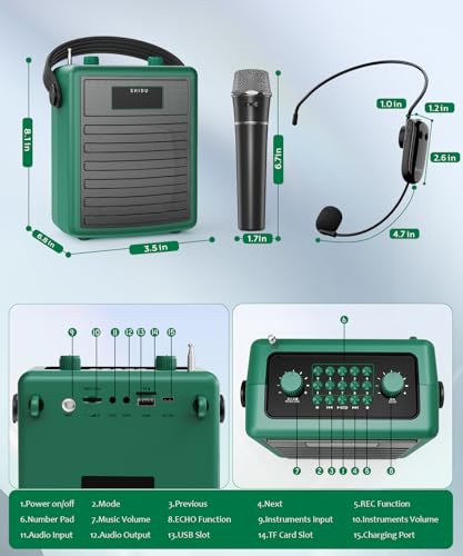 SHIDU 40W Wireless Voice Amplifier for Teachers with Dual Microphones | Powerful Bluetooth Speaker PA System Karaoke Machine, Portable Speaker with Microphone Support BT/USB/TF Card/Aux/Guitar - color: Green