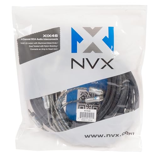NVX® XIX46 19.69 ft (6 Meter) Oxygen Free Copper 4-Channel Double Twisted Pair X-Series Car Audio RCA Audio Interconnect Cable with Shielded Noise Reduction and Split-tip Silver-Plated Machined Ends | Oxygen Free Copper Double Twisted Pair with Shielded N