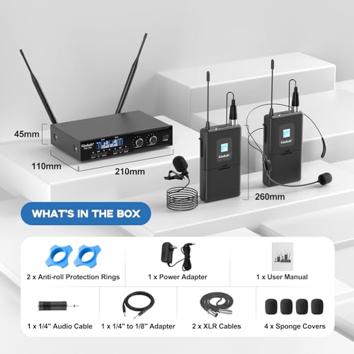 Gimkuls Dual-Channel UHF Wireless Lavalier Microphone System for Church | Complete 4-in-1 Kit: 2 Bodypacks, 2 Headset Mics, 2 Lapel Mics, 200 Frequencies, XLR/6.35 mm for Teaching and Presentations