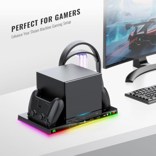 JDDWIN Charging Dock Stand with Cooling Fan for Steam Machine/Steam Controller 2026 Storage Stand for Steam Controllers Puck & Headset with RGB Light