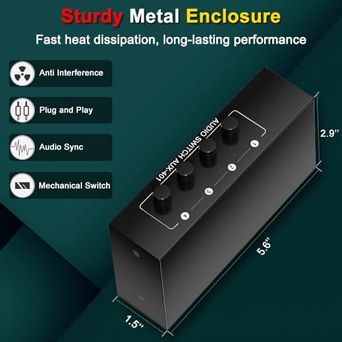 4x1 RCA L/R + 3.5mm Aux Bi-Directional Stereo Audio Switcher | 4 in 1 Out Passive A/B Analog Stereo Audio Switch Selector Box 1 in 4 Out Audio Splitter Only 1 of 4 Outports Works at a time