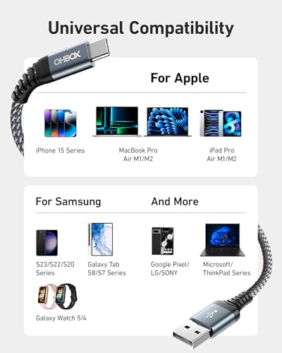 USB to USB C 케이블 60W 고속 충전 [2팩 1.8m(6피트), USB A to USB C 케이블 | CarPlay, 내구성이 뛰어난 브레이드 USB 타입 C 아이폰 충전기 USBC 코드 아이폰 17/16/15/프로 맥스/플러스, 삼성 갤럭시 S23 등 - color: 회색., size: 6피트, style: USB A to USB C