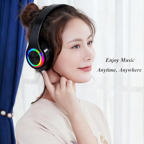 Wireless Over-Ear Bluetooth Headphones, LED Lights, Built-in Mic, Black | Bluetooth 5.0 low latency, 40mm driver HIFI stereo Foldable lightweight soft earcups, for gaming travel office home gift - color: All Black