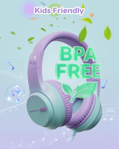 awatrue USB‑C Kids Headphones for School,74‑85‑94dB Limiter, w/Mic HK07C | Foldable Wired Over Ear Headphones, for Toddler School/Travel/iPad/Tablet, Purple-Green - color: USB-C Green Purple
