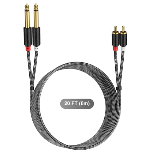 J&D RCA to 1/4" Stereo Audio Interconnect Cable, 20 Feet | Dual 1/4 inch TS to 2RCA Cable with Nylon Braided Jacket, Gold-Plated Plugs and Dual Shielding for Mixers, Amps and Hi-Fi - size: 20 Feet