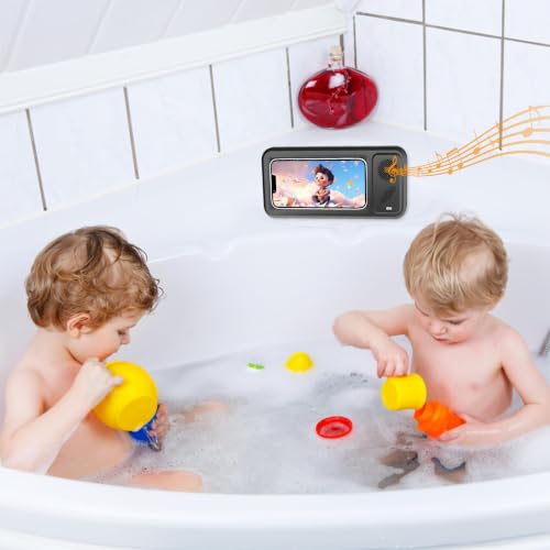 Shower Phone Holder with Wireless Bluetooth Speaker , 480° Rotation Retractable Adjustable Shower Case for iphone ,Bathroom Wall Phone Mount Stand WaterProof Anti Fog,Compatible with All 4-7"Cellphone