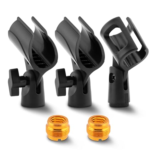 3 PCS Mic Clips for Stands Set, Universal Microphone Clip Holder, Adjustable Mic Holder for Stand with 2 pcs 5/8" Male to 3/8" Female Screw Adapter for Wired Wireless Microphones