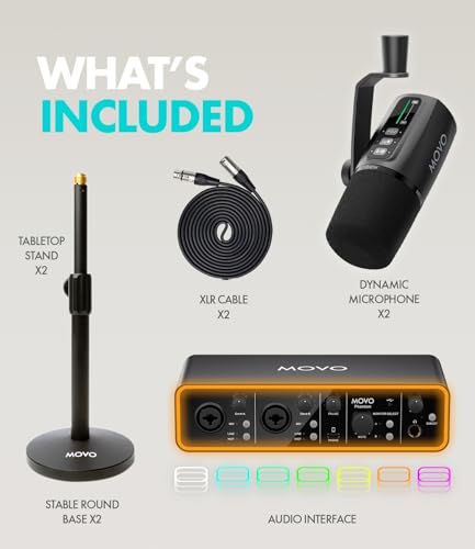 Movo Podcast Equipment Bundle - Phantom USB Audio Interface, 2 UM6 XLR/USB-C Dynamic Microphones, and 2 Tabletop Stands - Dual Microphone Setup for Professional Podcasting and Streaming - style: with 2 Microphones and Desk Stands