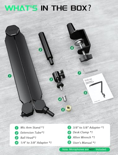 FIFINE BM66T Microphone Boom Arm with Extension Tube for Podcast Recording | Fully Adjustable Metal-Built Mic Stand, Cable Management Channels, Desk Clamp, Thread Adapter for Streaming Gaming - size: BM66T Black(With Extension Tube)