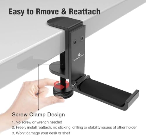 Foldable Headphone Stand Hanger Holder, Aluminum Headset Stand Clamp Hook Under Desk Space Saving Mount, Universal Fit for All Gaming Headsets, Black