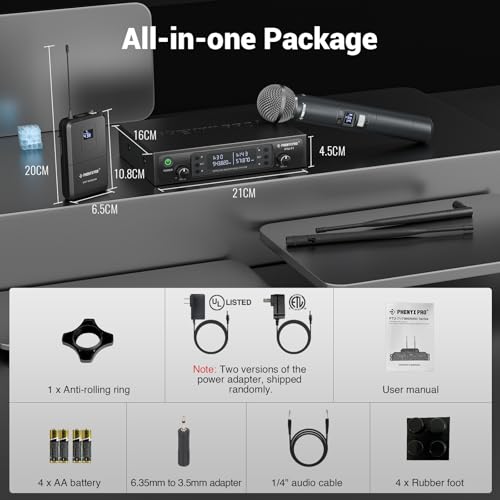 Phenyx Pro Wireless Microphone System, Dual Channel 100 UHF Metal Receiver, 328ft Range Auto Scan, Cordless Handheld & Bodypack & Lapel Mic Combo for Karaoke Church Speech PTU-71-1H1B | Quick IR Sync, Lapel Mic, 2 x 100 Frequencies, 328 ft Range, Karaoke,
