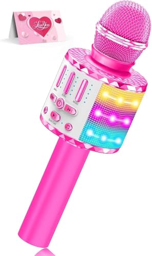 Karaoke Microphone Toys for Kids, Wireless Bluetooth Mic with Lights & Speaker, Portable Home KTV Player System, Perfect Birthday Party for 3-12 Year Old Boys & Girls - color: Pink