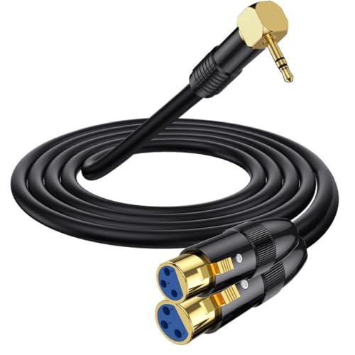 90Deg 3.5mm Mini Jack Stereo Male to 2 XLR Female Microphone Connector 1.8m | Right Angle XLR to 3.5mm Y Splitter Cable, 1/8 inch TRS to Dual XLR Female Cord for Laptop, Camera, Sound, DV - size: 1.8 meter