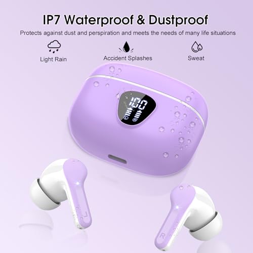 Wireless Earbuds, Bluetooth 5.4 Headphones HiFi Stereo, Bluetooth Earbuds | With ENC Noise Cancelling Mic,IP7 Waterproof in Ear Earphones,48H, LED Display Ear buds for Pad Phones Workout Sports, Purple - color: Purple