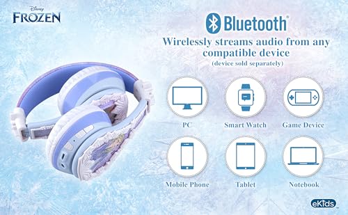 eKids Disney Frozen 2 Bluetooth Headphones with Microphone, Volume Reduced to Protect Hearing, Adjustable Wireless Headphones for School Home Travel, for Fans of Anna and Elsa - color: Frozen 2