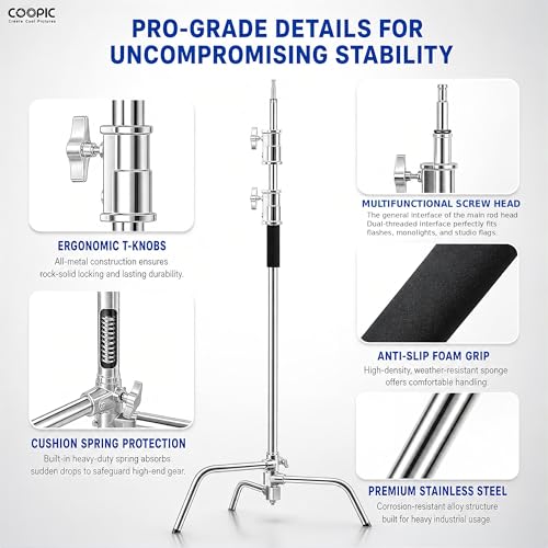 C Stand with Boom Arm, 6.9ft/210cm, 88cm Extension Arm | Heavy Duty Stainless Steel, Turtle Base, 2 Grip Heads, Buffer Spring, For Softbox, Reflector, Strobe - size: 210cm 1 Pack
