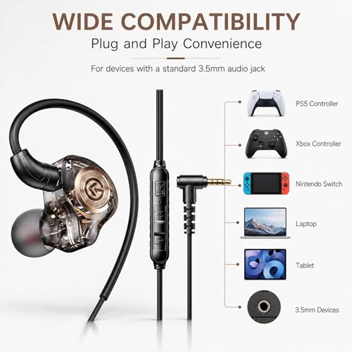 Gaming Earbuds with Mic, Wired in-Ear Gaming Headphones, 10mm Driver, 3.5mm & USB-C Options, in-Line Control, Noise-Isolating Earphones for PS5, Xbox, Switch, PC, Phone(3.5mm)