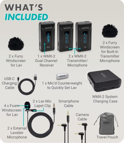 Movo WMX-2-DUO Wireless Camera Microphone Lapel Mic with Charging Case - Lav Mic, Wireless Lapel Microphone 2.4GHz Lavalier, Lav Mic for Vlogging, DSLR, Computer - style: 2 Transmitters