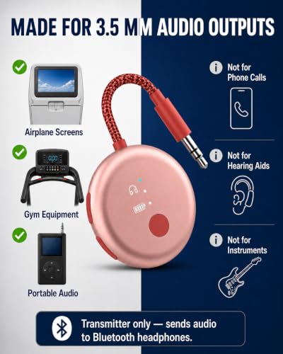 Avantree SoundJet R1-25Hr Airplane Bluetooth Adapter for All AirPods | Qualcomm Chip & aptX Adaptive, Wireless Audio Transmitter for Flight Travel, Works with Bose & Other Headphones - color: 2. Pink