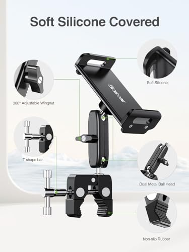 elitehood Universal iPad Mount Clamp, Metal Clip On Tablet Holder for Mic | Dual Adjustable Ball Head, Aluminum iPad Holder for Mic Stand, iPad Pole Mount for Drum Mic Yoke Boat Wheelchair Stroller - size: 6in - Dual Ball Joint