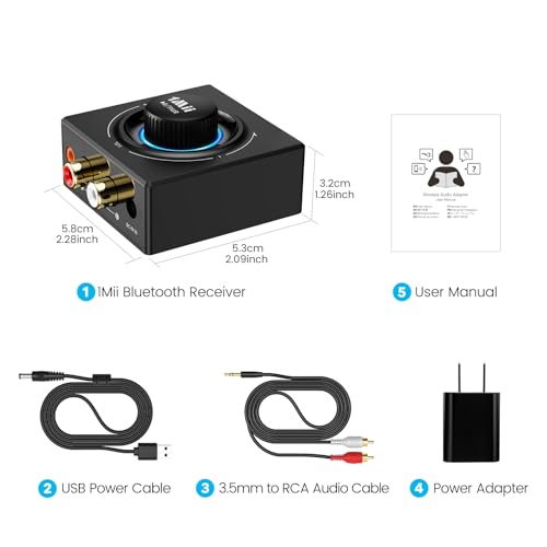 1Mii B06T3 Bluetooth 6.0 Receiver for Home Stereo, RCA & 3.5mm AUX Jack | Wireless Audio Adapter with Knob Volume Control, for Wired Speakers, Old Speakers, Home Audio Music Streaming Stereo System