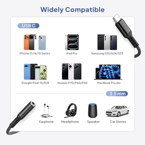 Elebase Galaxy S26 Headphone Aux Adapter 0.6FT,USB C to 3.5mm Audio Jack - size: USB C to 3.5mm, style: Black