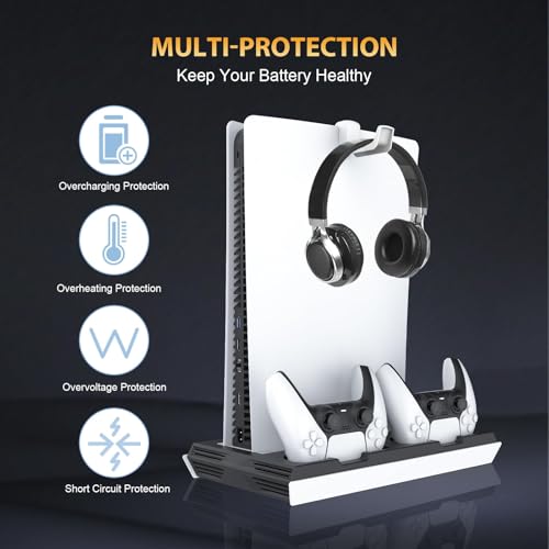 PS5 / PS5 Slim Cooling Station with Dual Controller Charging Station, PS 5 Cooling Stand for PlayStation 5 Console, Headset Holder/ PS 5 Cooling Fan/4 USB Hub All in One Accessories Organizer, Black - color: Black